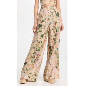 Cara Cara Floral High Rise Wide Leg Linen Pants in Whimsical Khaki Women's L